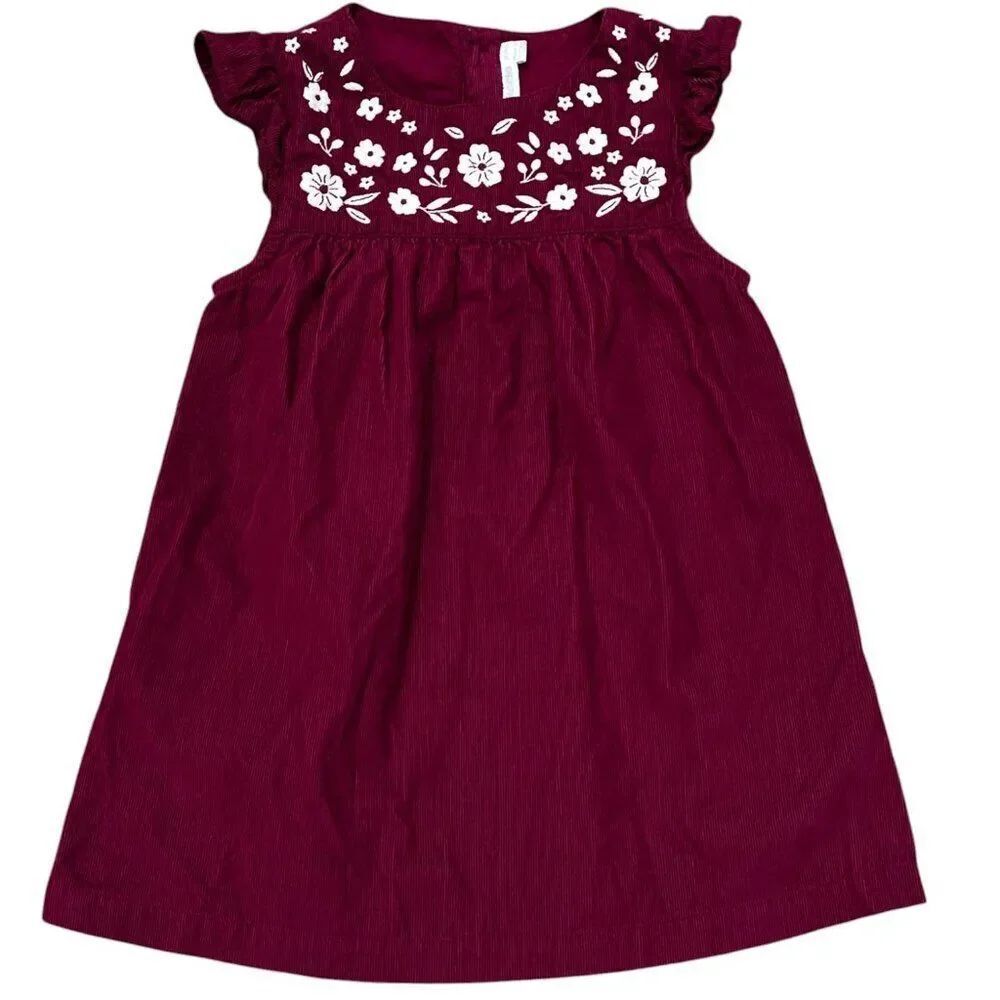 JoJo Maman Bebe Flutter Sleeve Burgundy Dress White Embroidery Size 18-24M